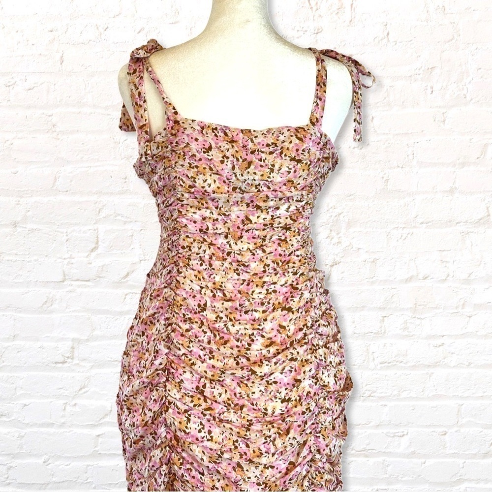 Minkpink Delphine Little Darling Cream and Pink Floral Ruched Mini Dress Large - Picture 7 of 14